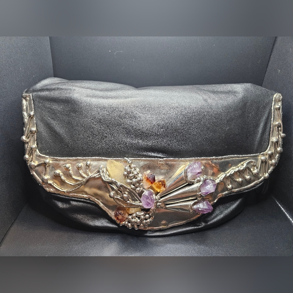 Vintage Large Black Copa Collection purse with Silver Metal Design and Amethysts